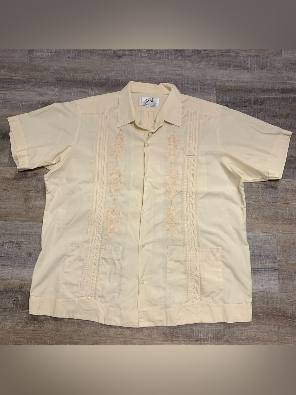 Jack Haband Guayabera Vintage Embroidered Cuban Beige Button Up Shirt Men’s 2X